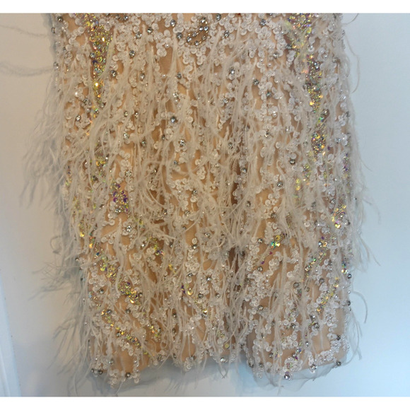 Vintage Y2K Dress 6 Nude Cocktail Party Sequin Beaded Feather Lace Up Back Mini - Picture 3 of 16